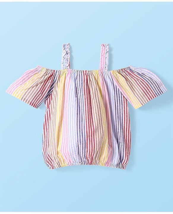 Babyhug Woven Cold Shoulder Top with Stripes - Pink & Yellow