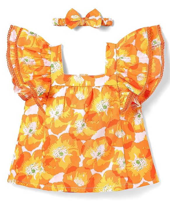 Babyhug Rayon Woven Half Frill Sleeves Top with Headband & Floral Print - Orange