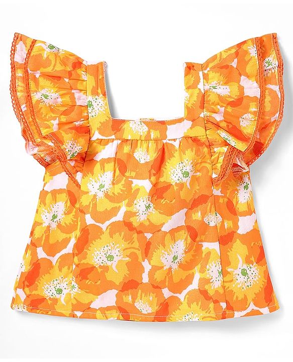 Babyhug Rayon Woven Half Frill Sleeves Top with Headband & Floral Print - Orange