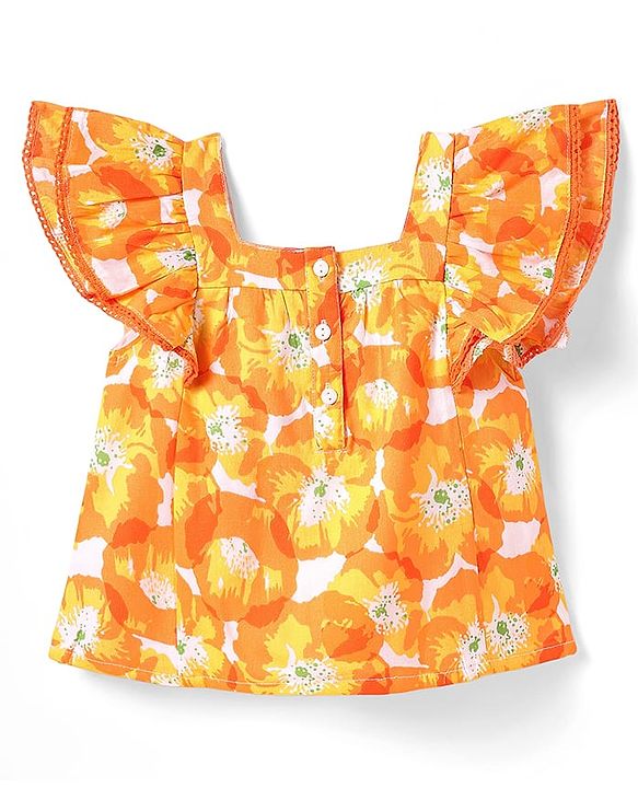 Babyhug Rayon Woven Half Frill Sleeves Top with Headband & Floral Print - Orange