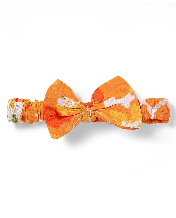 Babyhug Rayon Woven Half Frill Sleeves Top with Headband & Floral Print - Orange