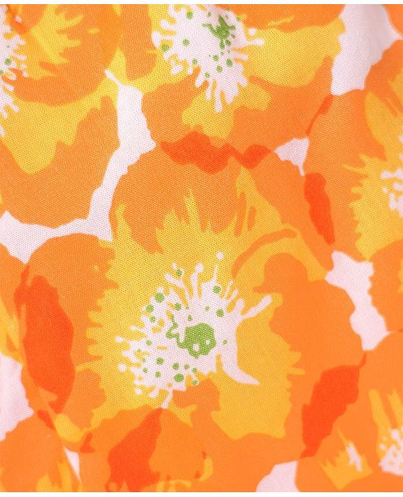 Babyhug Rayon Woven Half Frill Sleeves Top with Headband & Floral Print - Orange
