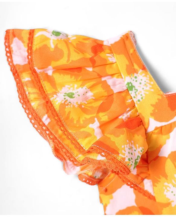 Babyhug Rayon Woven Half Frill Sleeves Top with Headband & Floral Print - Orange