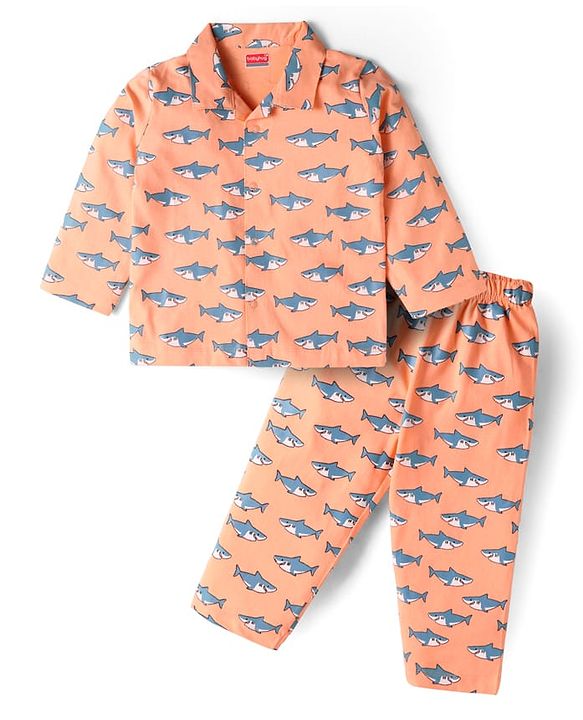 Babyhug Cotton Knit Full Sleeves Night Suit With Shark Print - Peach