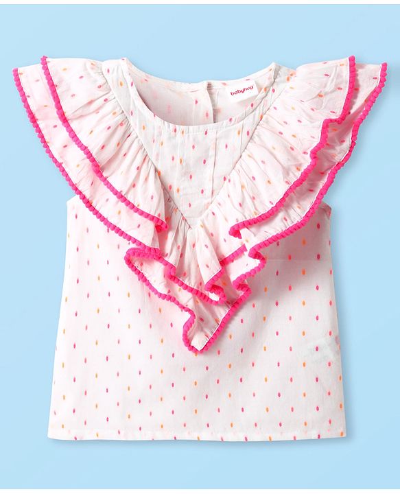 Babyhug Woven Sleeveless Top With Frill & Polka Dots - Pink & White