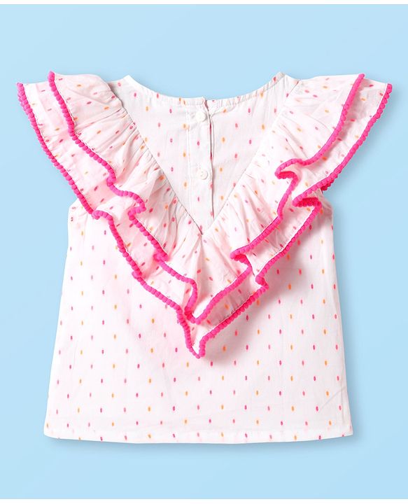 Babyhug Woven Sleeveless Top With Frill & Polka Dots - Pink & White