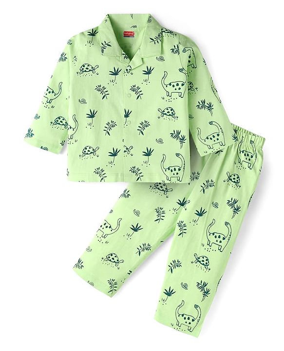 Babyhug Cotton Knit Full Sleeves Night Suit With Animal Print - Green