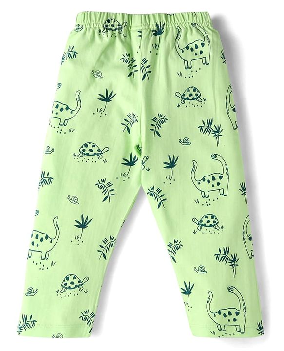 Babyhug Cotton Knit Full Sleeves Night Suit With Animal Print - Green