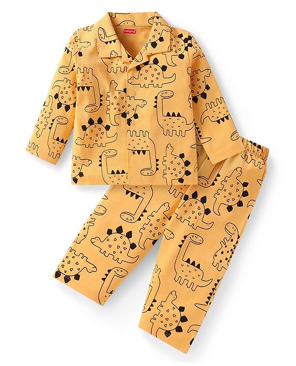 Babyhug Cotton Knit Full Sleeves Night Suit With Dino Print - Yellow