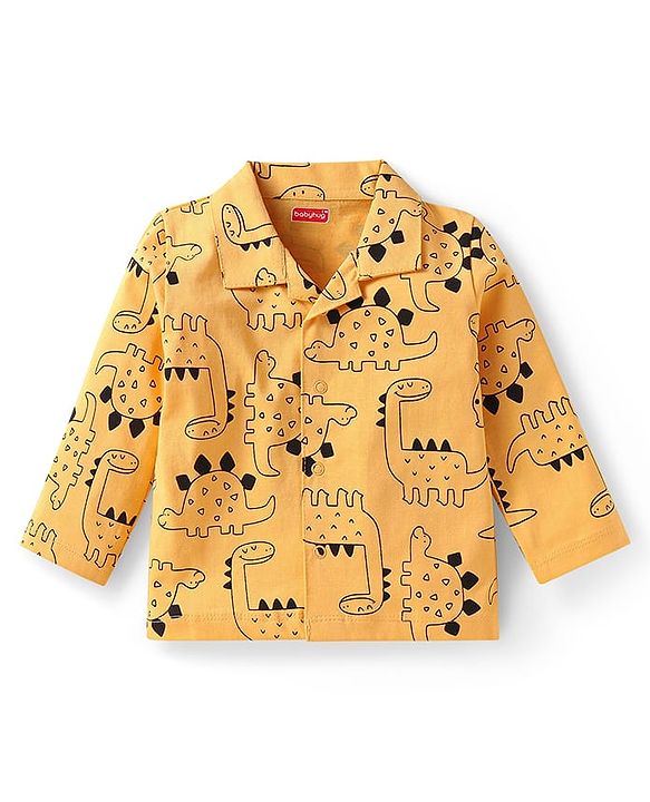 Babyhug Cotton Knit Full Sleeves Night Suit With Dino Print - Yellow