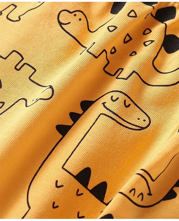 Babyhug Cotton Knit Full Sleeves Night Suit With Dino Print - Yellow