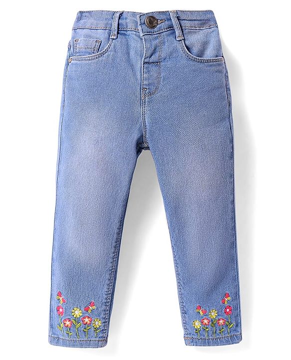 Babyhug Denim Full Length Washed Stretch Jeans With Floral Embroidery - Blue