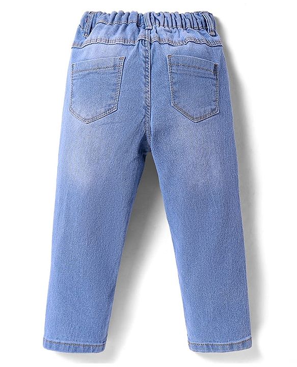 Babyhug Denim Full Length Washed Stretch Jeans With Floral Embroidery - Blue
