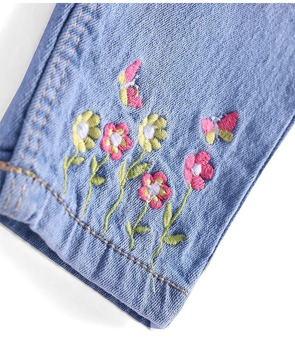 Babyhug Denim Full Length Washed Stretch Jeans With Floral Embroidery - Blue
