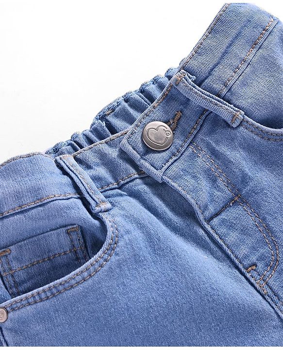 Babyhug Denim Full Length Washed Stretch Jeans With Floral Embroidery - Blue
