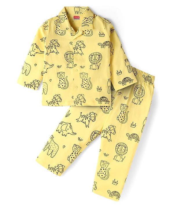 Babyhug Cotton Knit Full Sleeves Night Suit with Animal Print - Yellow