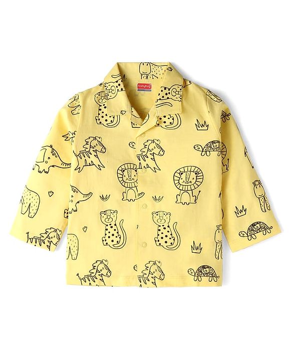 Babyhug Cotton Knit Full Sleeves Night Suit with Animal Print - Yellow