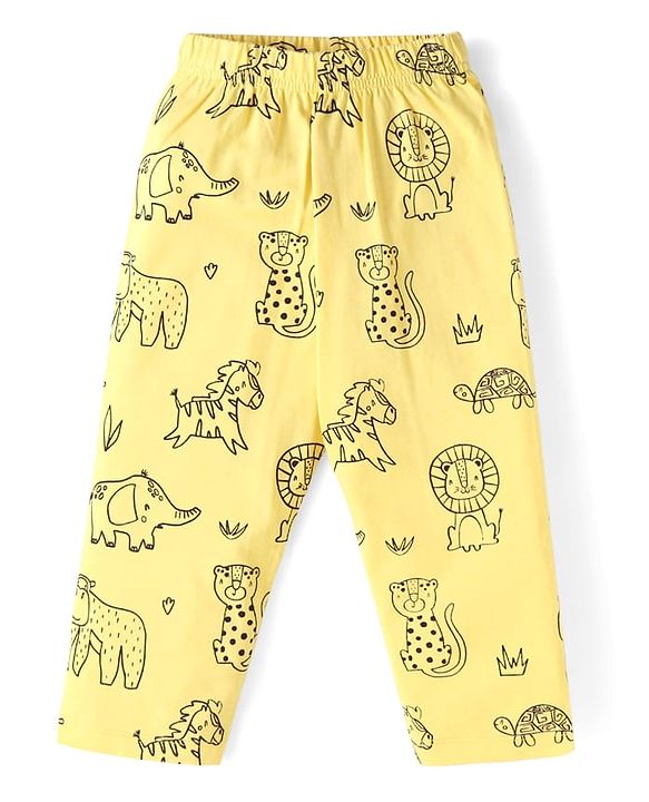 Babyhug Cotton Knit Full Sleeves Night Suit with Animal Print - Yellow