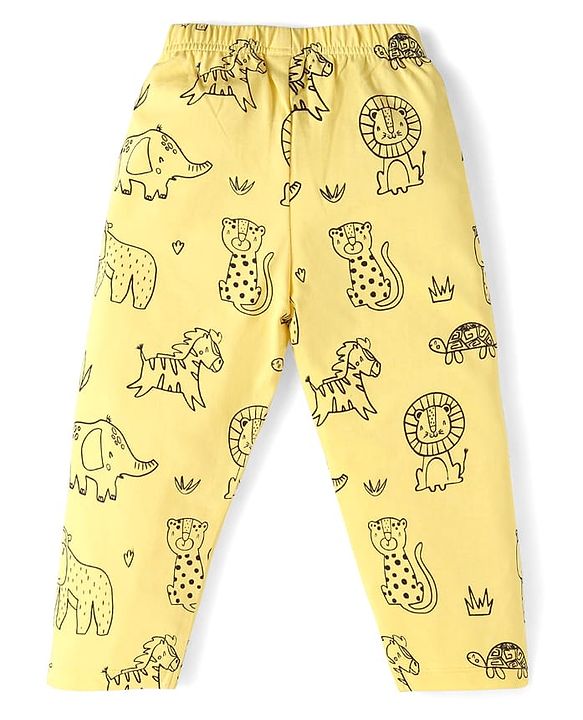 Babyhug Cotton Knit Full Sleeves Night Suit with Animal Print - Yellow
