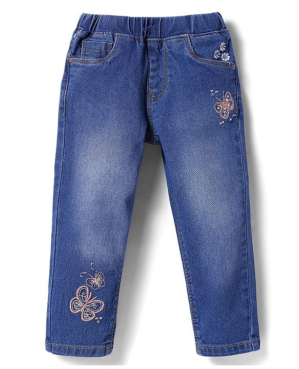 Babyhug Mid Thigh Length Denim Shorts with Floral Embroidery - Navy Blue main image 0