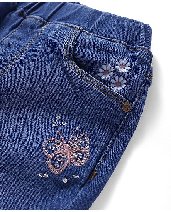 Babyhug Denim Full Length Washed Stretch Jeans With Butterfly Embroidery - Blue