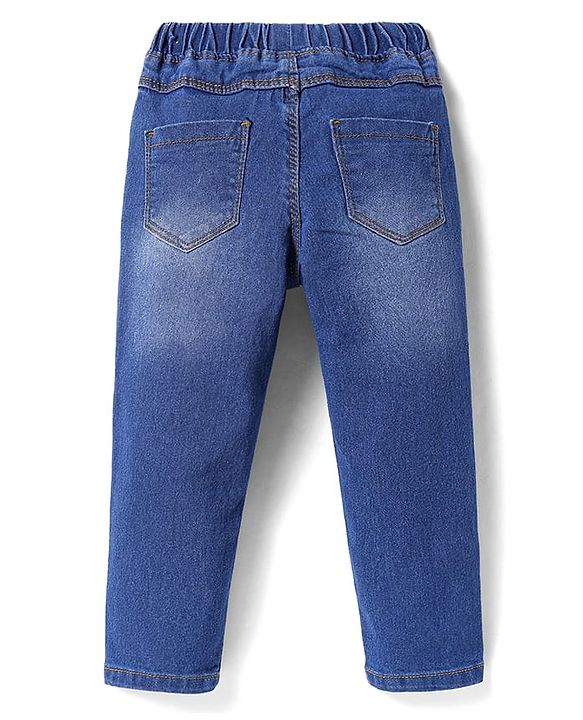 Babyhug Denim Full Length Washed Stretch Jeans With Butterfly Embroidery - Blue