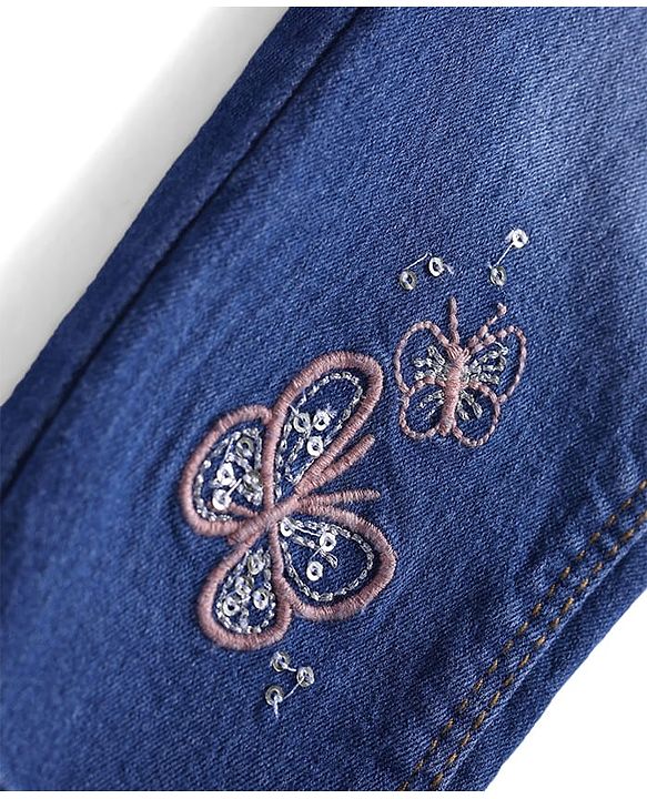 Babyhug Denim Full Length Washed Stretch Jeans With Butterfly Embroidery - Blue