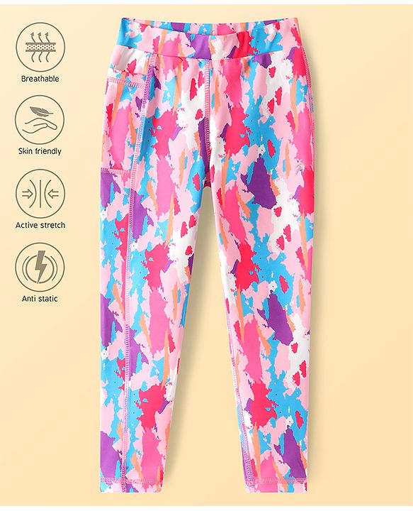 Pine Active Knit Full Length Super Stretch Leggings With Abstract Print - Dark Pink