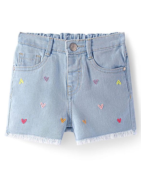 Babyhug Mid Thigh Washed Denim Shorts with Heart Embroidery - Light Blue