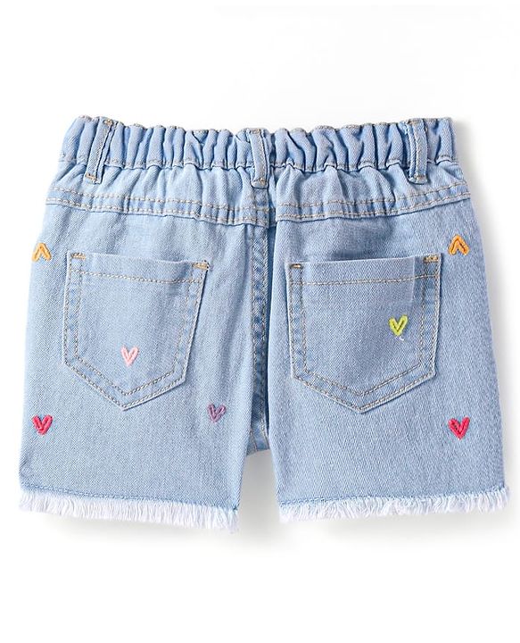 Babyhug Mid Thigh Washed Denim Shorts with Heart Embroidery - Light Blue