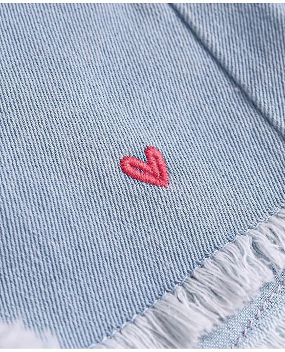 Babyhug Mid Thigh Washed Denim Shorts with Heart Embroidery - Light Blue