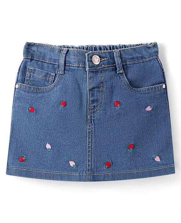 Babyhug Mid Thigh Length Denim Shorts with Floral Embroidery - Navy Blue