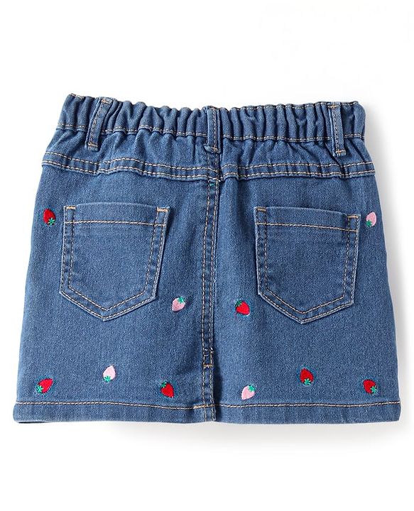 Babyhug Mid Thigh Washed Denim Skirt with Strawberry Embroidery - Navy Blue