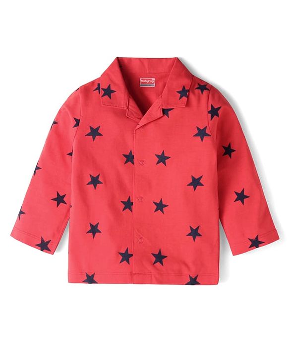 Babyhug Cotton Knit Full Sleeves Night Suit with Star Print - Red
