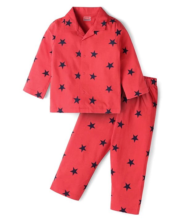 Babyhug Cotton Knit Full Sleeves Night Suit with Star Print - Red