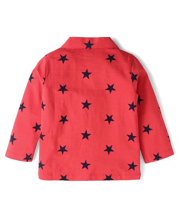 Babyhug Cotton Knit Full Sleeves Night Suit with Star Print - Red