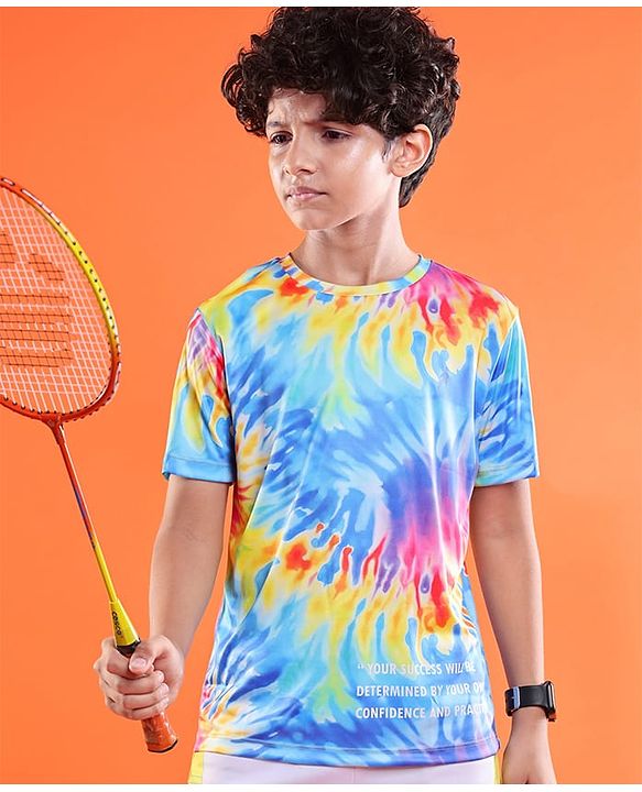 Pine Active Knit Half Sleeves T-Shirt With Tie & Dye Print - Blue