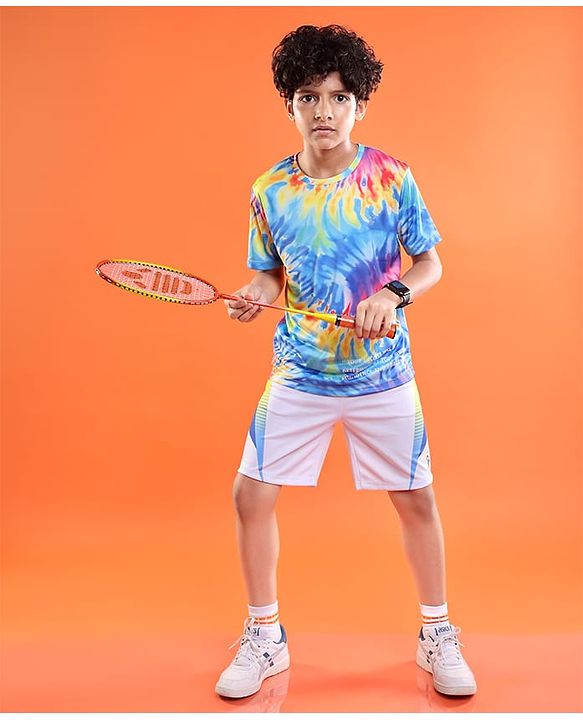 Pine Active Knit Half Sleeves T-Shirt With Tie & Dye Print - Blue