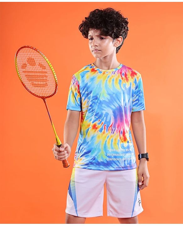 Pine Active Knit Half Sleeves T-Shirt With Tie & Dye Print - Blue