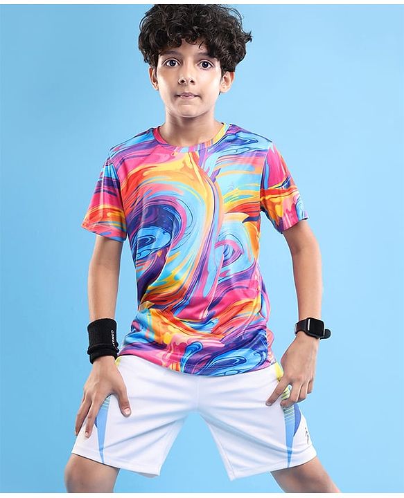 Pine Active Knit Half Sleeves T-Shirt With Abstract Print - Multicolour