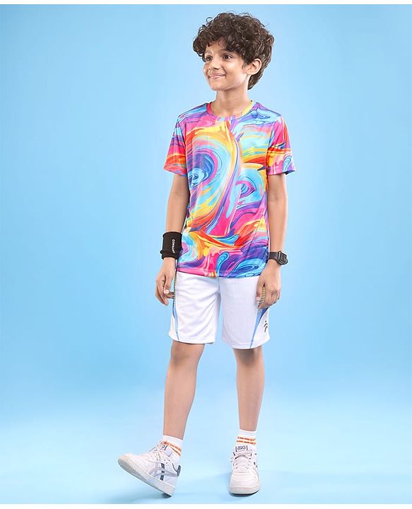 Pine Active Knit Half Sleeves T-Shirt With Abstract Print - Multicolour