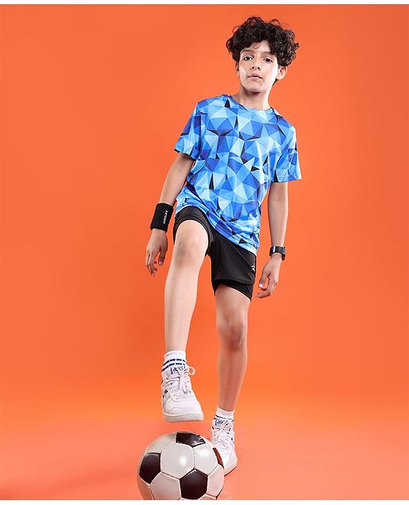 Pine Active Knit Half Sleeves T-Shirt Geometric Pattern - Blue