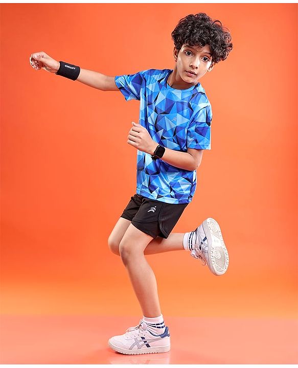 Pine Active Knit Half Sleeves T-Shirt Geometric Pattern - Blue