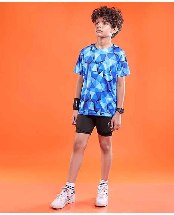 Pine Active Knit Half Sleeves T-Shirt Geometric Pattern - Blue
