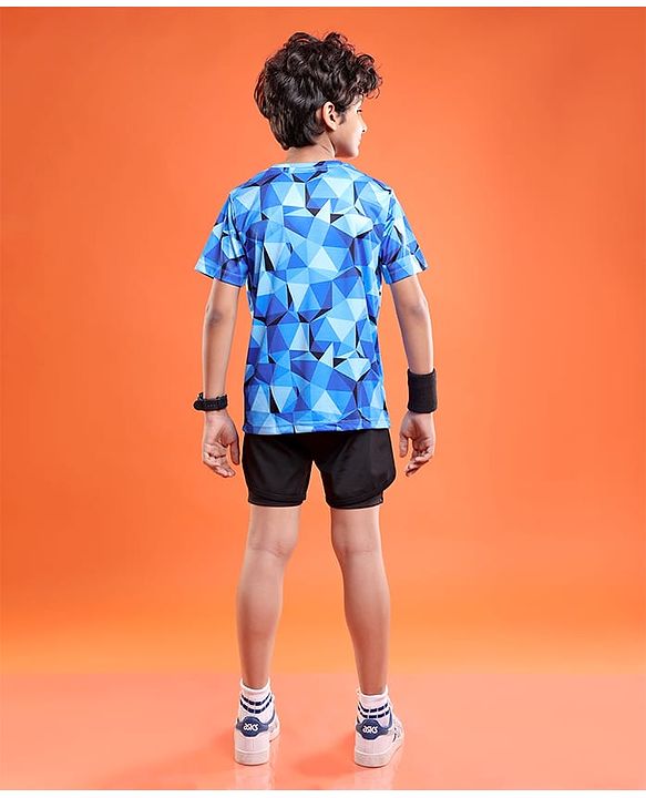 Pine Active Knit Half Sleeves T-Shirt Geometric Pattern - Blue