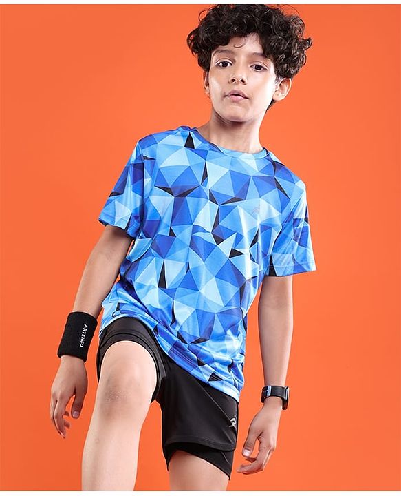 Pine Active Knit Half Sleeves T-Shirt Geometric Pattern - Blue