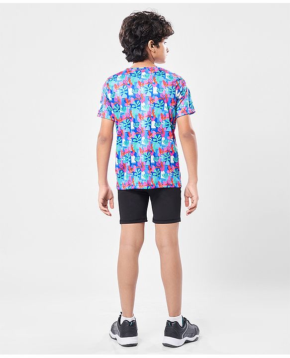 Pine Active Knit Half Sleeves T-Shirt with Tropical Theme Print - Multicolor