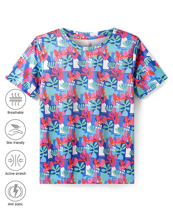 Pine Active Knit Half Sleeves T-Shirt with Tropical Theme Print - Multicolor