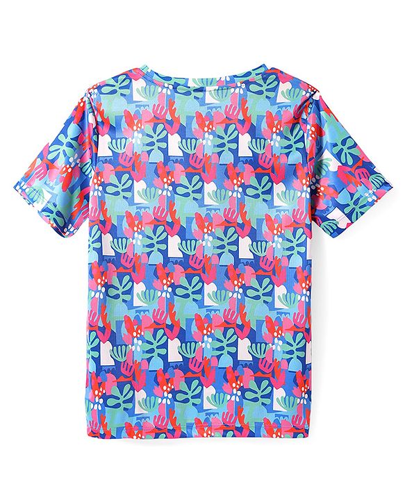 Pine Active Knit Half Sleeves T-Shirt with Tropical Theme Print - Multicolor