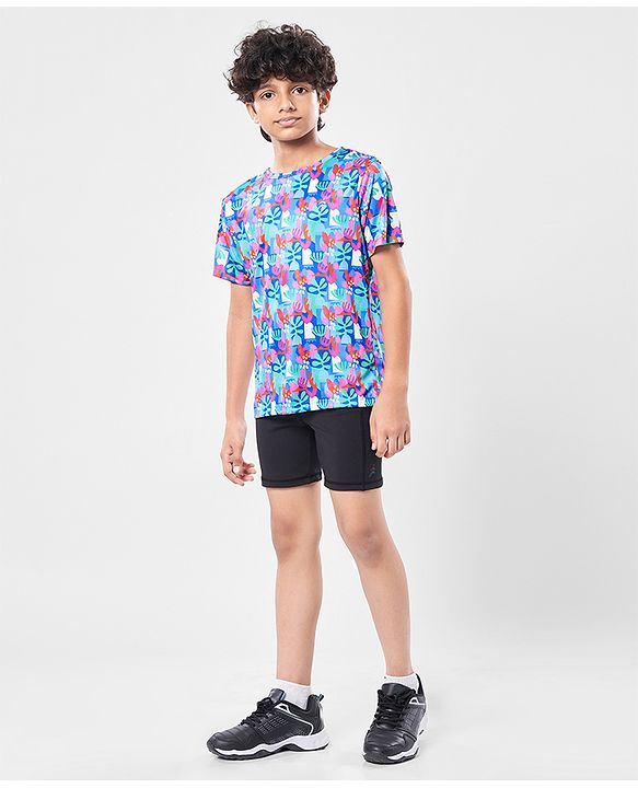 Pine Active Knit Half Sleeves T-Shirt with Tropical Theme Print - Multicolor